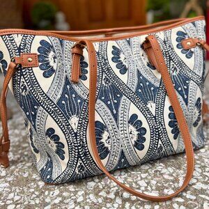 Spartina 449 Navy Ivory Canvas Tote Floral Shoulder Bag